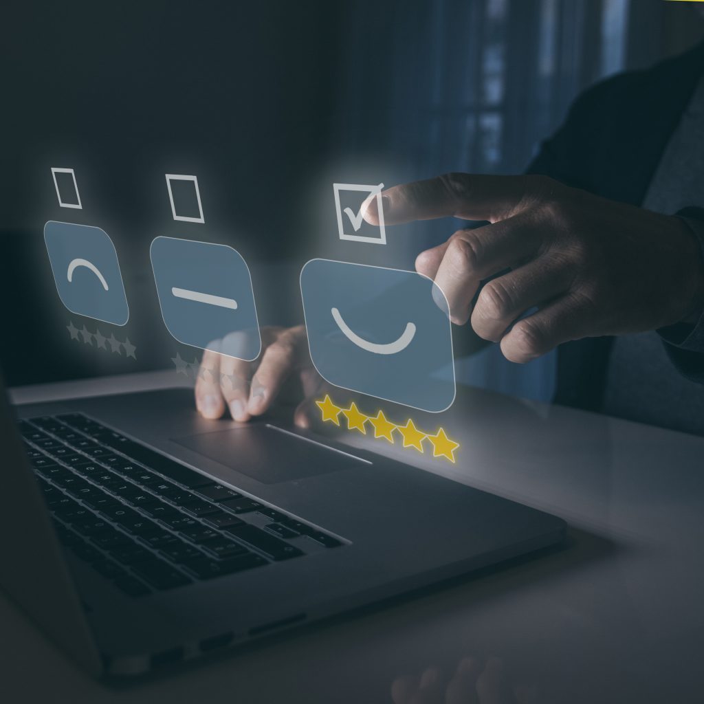 Customer review satisfaction feedback survey. User giving rating